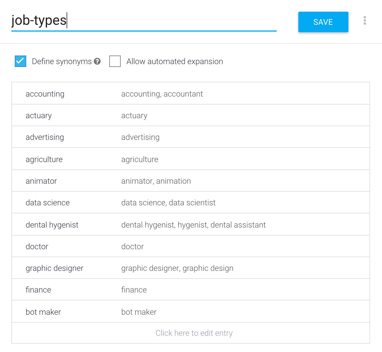 Dialogflow Entities for Chatfuel