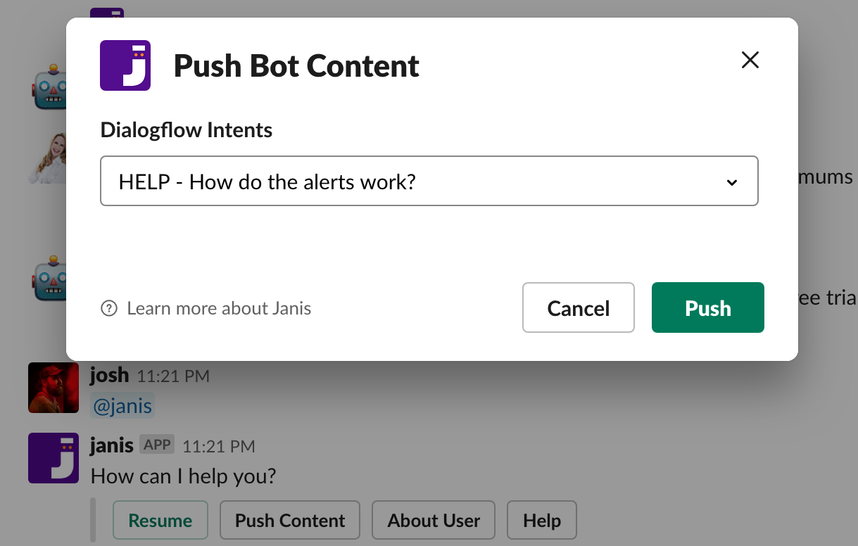 Janis Dialogflow alerts